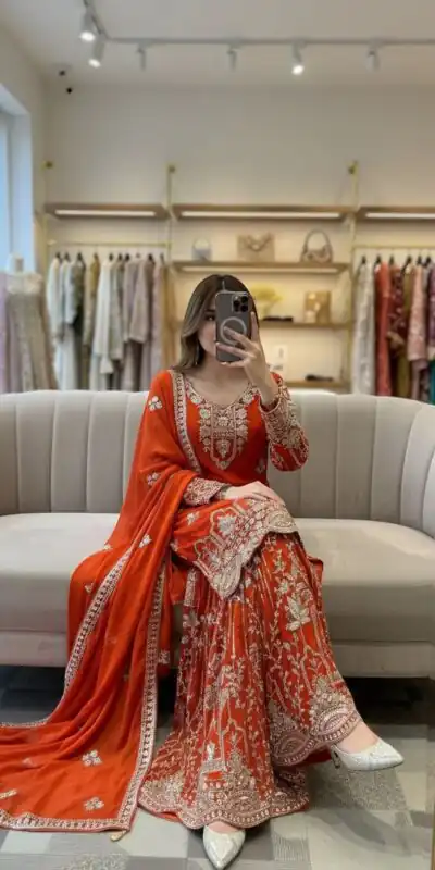 WW 1250 Orange Faux Georgette With 5 mm Sequence Work Salwar Suit Wedding, Party, Festive, Events Etc. Expected Delivery 4-6 Working Days @2399/- | Jump Suits, Salwar suit, Casual Suits, Creative suits, Designer Suits, Palazzo Suits, Party Wear Suits, Patiala Suits, Straight Suits