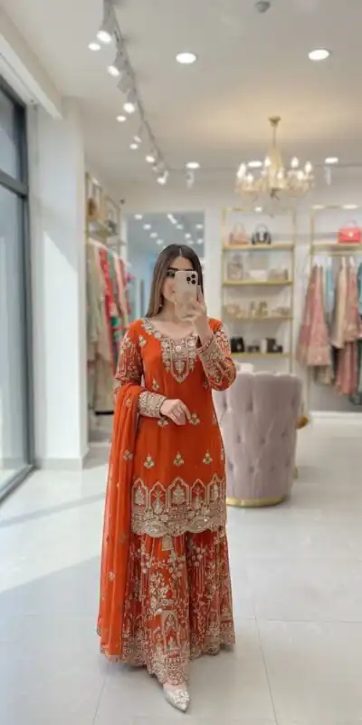 WW 1250 Orange Faux Georgette With 5 mm Sequence Work Salwar Suit Wedding, Party, Festive, Events Etc. Expected Delivery 4-6 Working Days @2399/- | Jump Suits, Salwar suit, Casual Suits, Creative suits, Designer Suits, Palazzo Suits, Party Wear Suits, Patiala Suits, Straight Suits