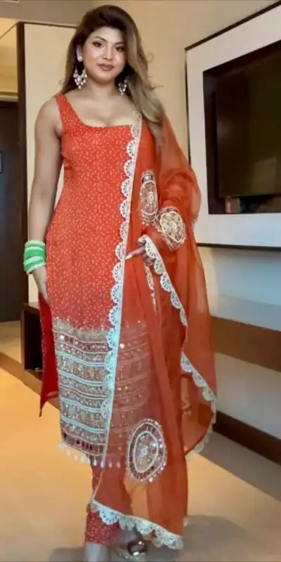 ST 1142 Orange Faux Georgette Salwar Suit with Mirror Work & Embroidery Work. Introductory Price ₹2449. Delivery 4-6 Working Days. Shop now. | Jump Suits, Salwar suit, Casual Suits, Creative suits, Designer Suits, Palazzo Suits, Party Wear Suits, Patiala Suits, Straight Suits