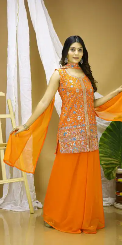 FE 124 Orange Color Georgette Salwar Suit with Embroidery Work. Introductory Price ₹1999. Delivery 4-6 Working Days. Shop now. | Jump Suits, Salwar suit, Casual Suits, Creative suits, Designer Suits, Palazzo Suits, Party Wear Suits, Patiala Suits, Straight Suits