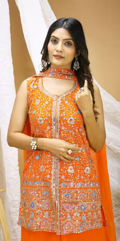 FE 124 Orange Color Georgette Salwar Suit with Embroidery Work. Introductory Price ₹1999. Delivery 4-6 Working Days. Shop now. | Jump Suits, Salwar suit, Casual Suits, Creative suits, Designer Suits, Palazzo Suits, Party Wear Suits, Patiala Suits, Straight Suits