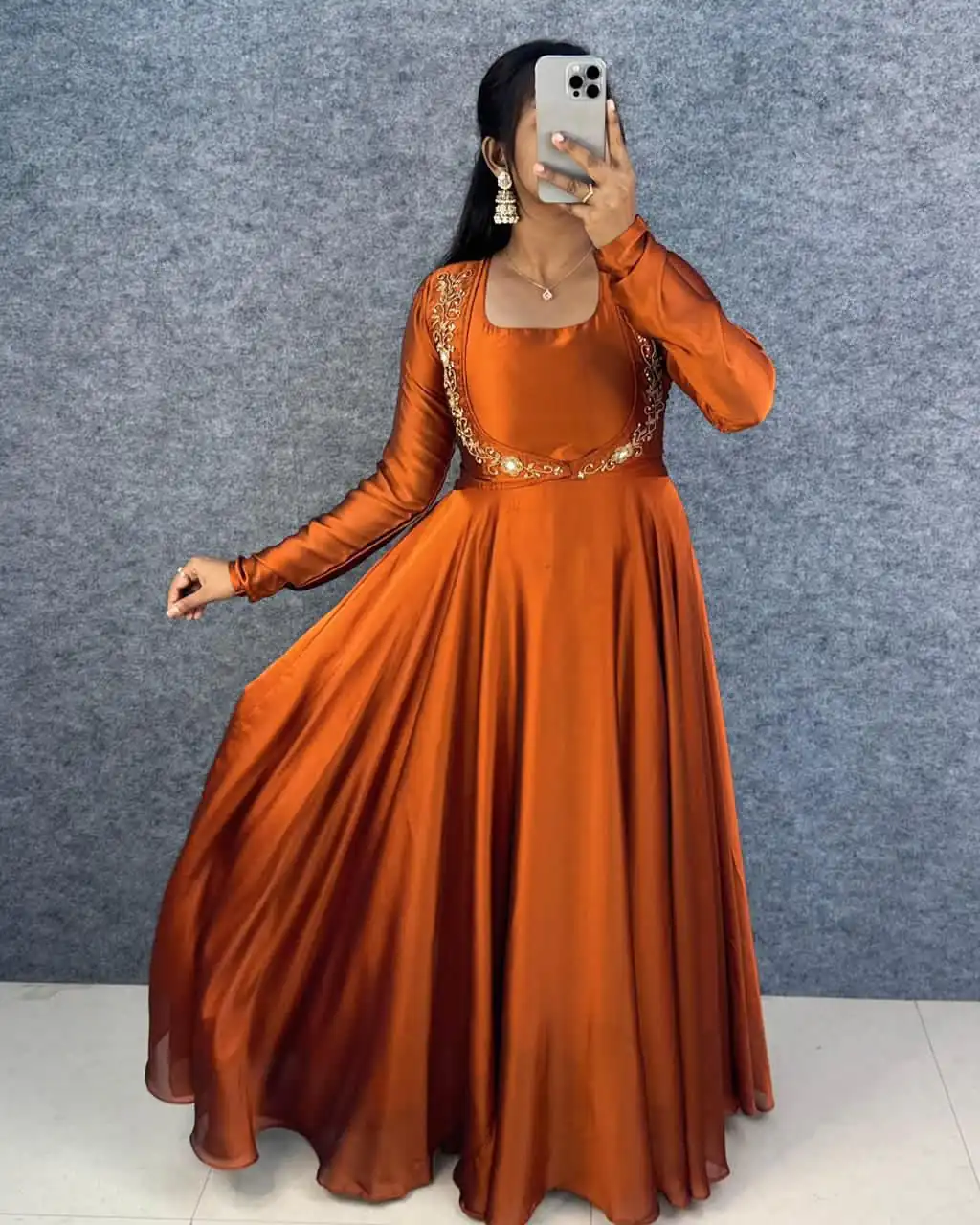 MF 888 Orange Rangoli Silk Gown with Lace Border & Lace Work. Available at ₹1649 only. Delivery 4-6 Working Days. Shop now. | Gowns, Bollywood Gowns, Creative Gowns, Designer Gowns, Embroidered Gowns, Party Wear Gowns
