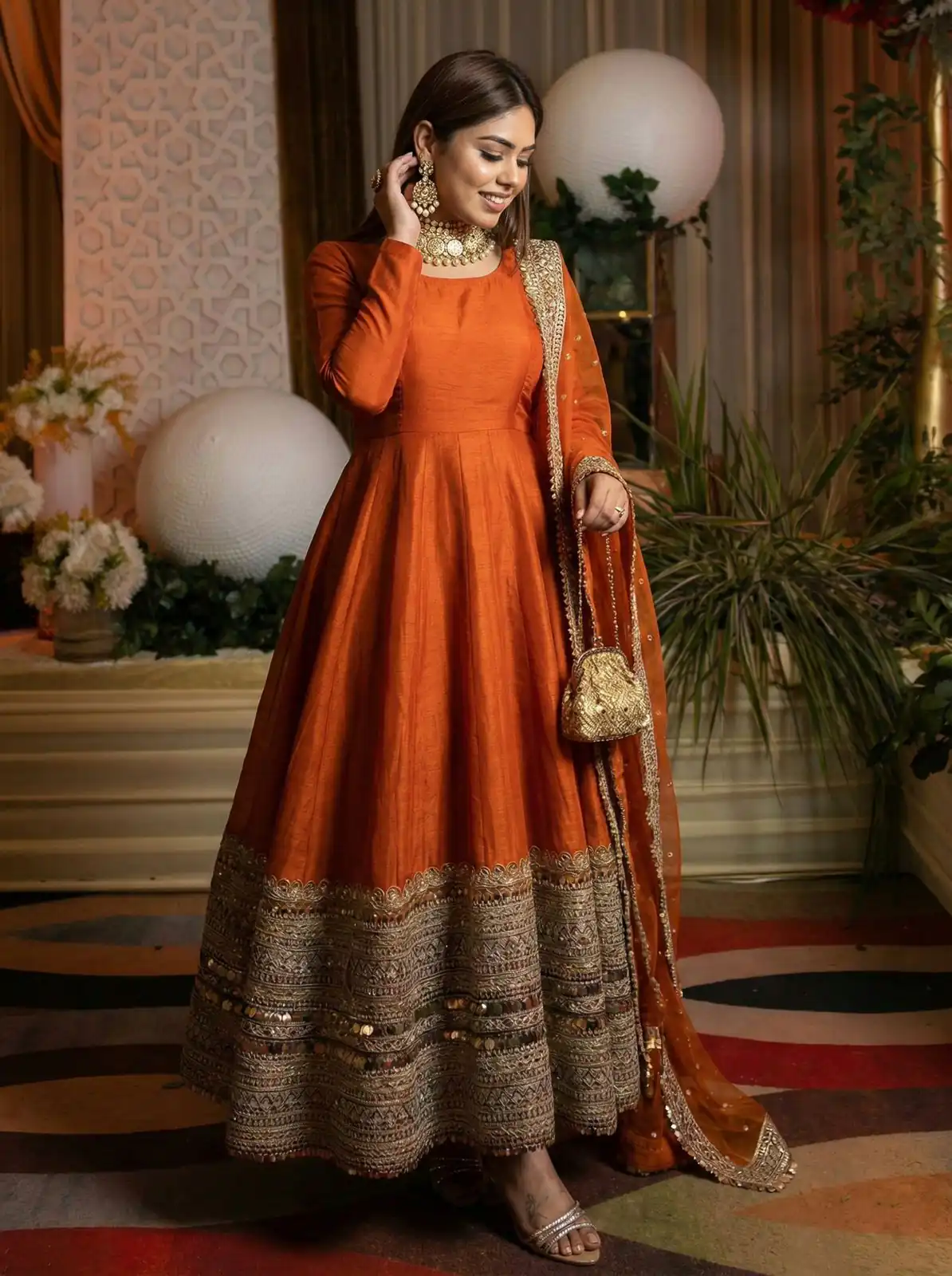 ZSR 3152 Orange Color Roman silk Gown with Embroidery Work & Lace Work. Grab it for ₹2599. Delivery 4-6 Working Days. Shop now. | Gowns, Bollywood Gowns, Creative Gowns, Designer Gowns, Embroidered Gowns, Party Wear Gowns