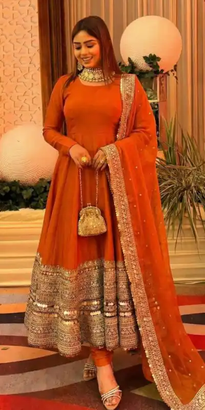 ZSR 3152 Orange Color Roman silk Gown with Embroidery Work & Lace Work. Grab it for βΉ2599. Delivery 4-6 Working Days. Shop now. | Gowns, Bollywood Gowns, Creative Gowns, Designer Gowns, Embroidered Gowns, Party Wear Gowns