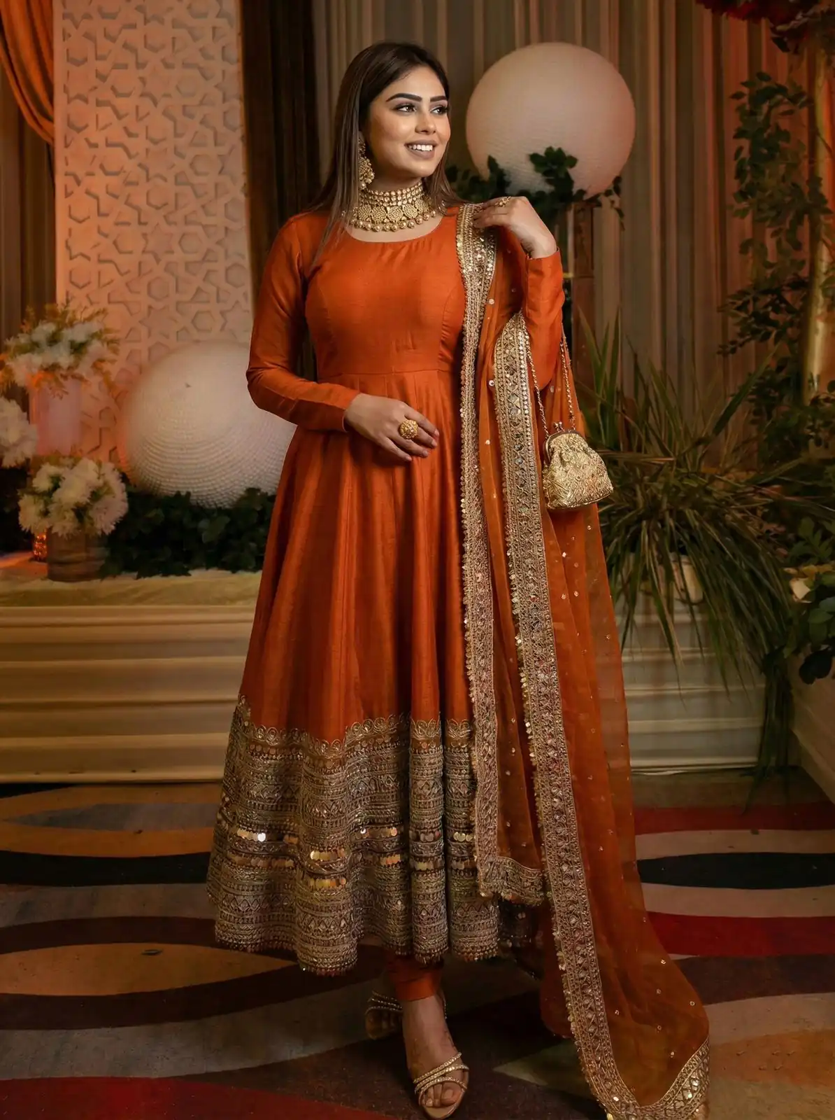 ZSR 3152 Orange Color Roman silk Gown with Embroidery Work & Lace Work. Grab it for ₹2599. Delivery 4-6 Working Days. Shop now. | Gowns, Bollywood Gowns, Creative Gowns, Designer Gowns, Embroidered Gowns, Party Wear Gowns