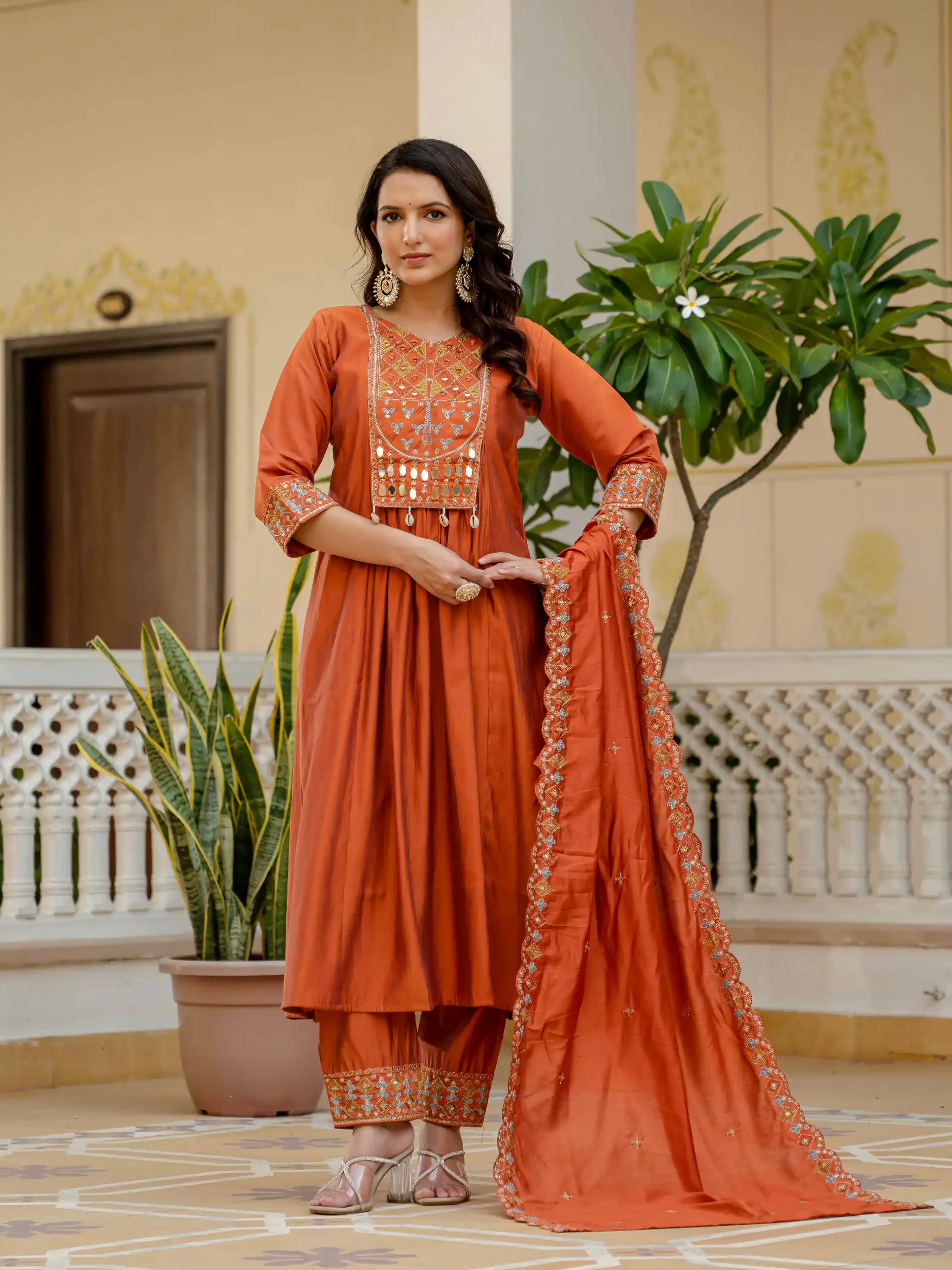 DIVA 126 Orange Viscose Roman Silk Anarkali Suit with Mirror Work & Embroidery Work. Affordable Price ₹2049. Delivery 4-6 Working Days. Shop now. | Anarkali Suits, Bollywood Anarkali, Creative-Anarkali, Designer Anarkali, Embroidered Anarkali, Party Wear Anarkali