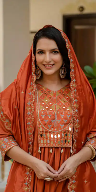 DIVA 126 Orange Viscose Roman Silk Anarkali Suit with Mirror Work & Embroidery Work. Affordable Price ₹2049. Delivery 4-6 Working Days. Shop now. | Anarkali Suits, Bollywood Anarkali, Creative-Anarkali, Designer Anarkali, Embroidered Anarkali, Party Wear Anarkali