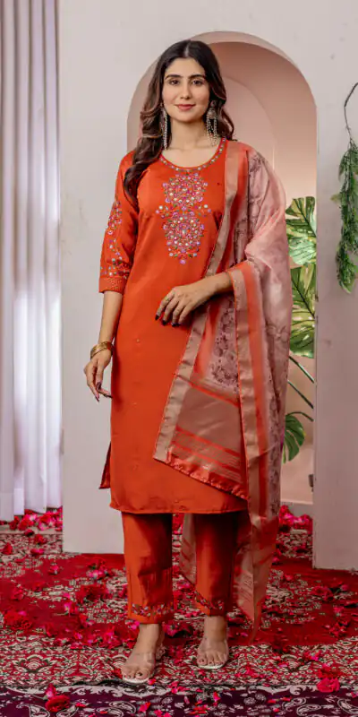 DIVA 111 Orange Viscose Silk Salwar Suit with Thread Embroidery Work. Best Price ₹2049. Delivery 4-6 Working Days. Shop now. | Jump Suits, Salwar suit, Casual Suits, Creative suits, Designer Suits, Palazzo Suits, Party Wear Suits, Patiala Suits, Straight Suits
