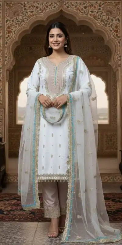 LG 2068 Off White Crape Silk Salwar Suit Perfect for Wedding, Party, Onam, Reception, Housewarming – . Grab it for ₹1999. Delivery 4-6 Working Day | Jump Suits, Salwar suit, Casual Suits, Creative suits, Designer Suits, Palazzo Suits, Party Wear Suits, Patiala Suits, Straight Suits