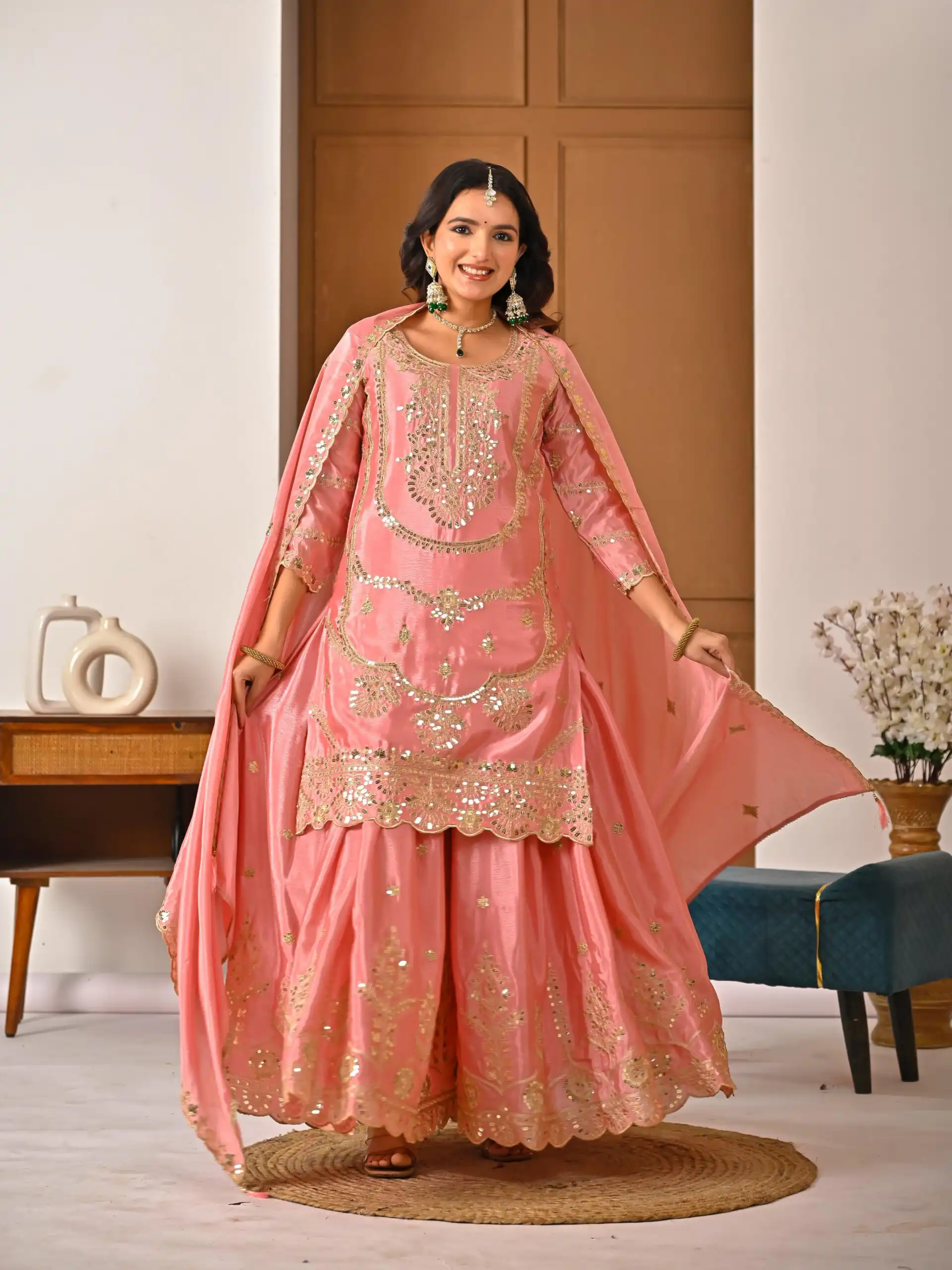 ND 5033 Peach Chinon Silk Salwar Suit with Embroidery Work & Lace Work. Affordable Price ₹2149. Delivery 4-6 Working Days. Shop now. | Jump Suits, Salwar suit, Casual Suits, Creative suits, Designer Suits, Palazzo Suits, Party Wear Suits, Patiala Suits, Straight Suits