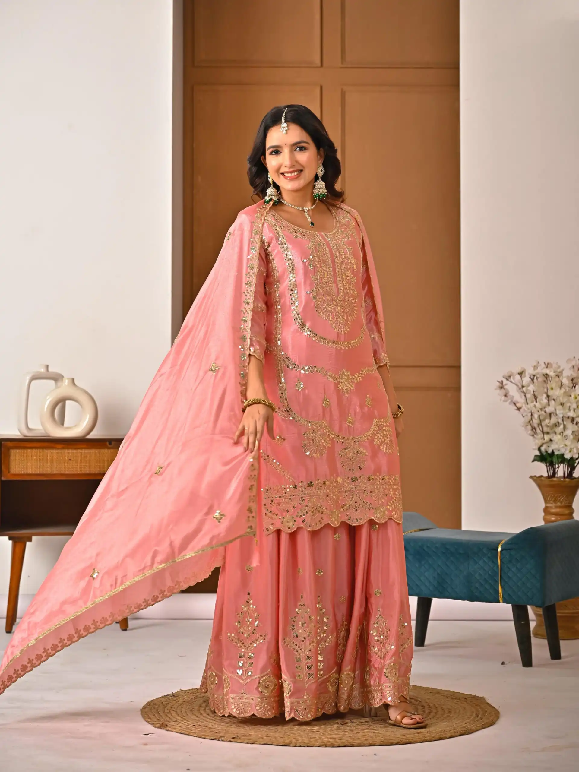 ND 5033 Peach Chinon Silk Salwar Suit with Embroidery Work & Lace Work. Affordable Price ₹2149. Delivery 4-6 Working Days. Shop now. | Jump Suits, Salwar suit, Casual Suits, Creative suits, Designer Suits, Palazzo Suits, Party Wear Suits, Patiala Suits, Straight Suits