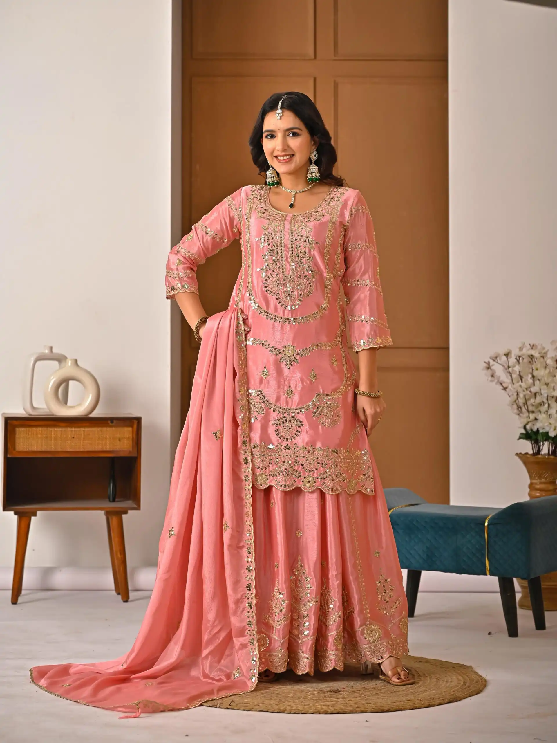 ND 5033 Peach Chinon Silk Salwar Suit with Embroidery Work & Lace Work. Affordable Price ₹2149. Delivery 4-6 Working Days. Shop now. | Jump Suits, Salwar suit, Casual Suits, Creative suits, Designer Suits, Palazzo Suits, Party Wear Suits, Patiala Suits, Straight Suits