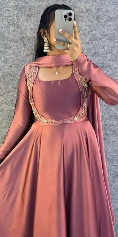 MF 888 Peach Rangoli Silk Gown with Lace Border & Lace Work. Available at ₹1649 only. Delivery 4-6 Working Days. Shop now. | Gowns, Bollywood Gowns, Creative Gowns, Designer Gowns, Embroidered Gowns, Party Wear Gowns