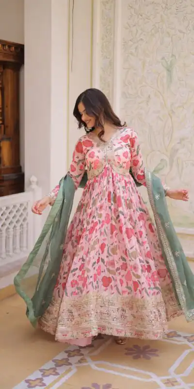 KA 1225 Peach Peach Russian Silk Gown with Embroidery Work & Zari Work. Special Price ₹2599. Delivery 4-6 Working Days. Shop now. | Gowns, Bollywood Gowns, Creative Gowns, Designer Gowns, Embroidered Gowns, Party Wear Gowns