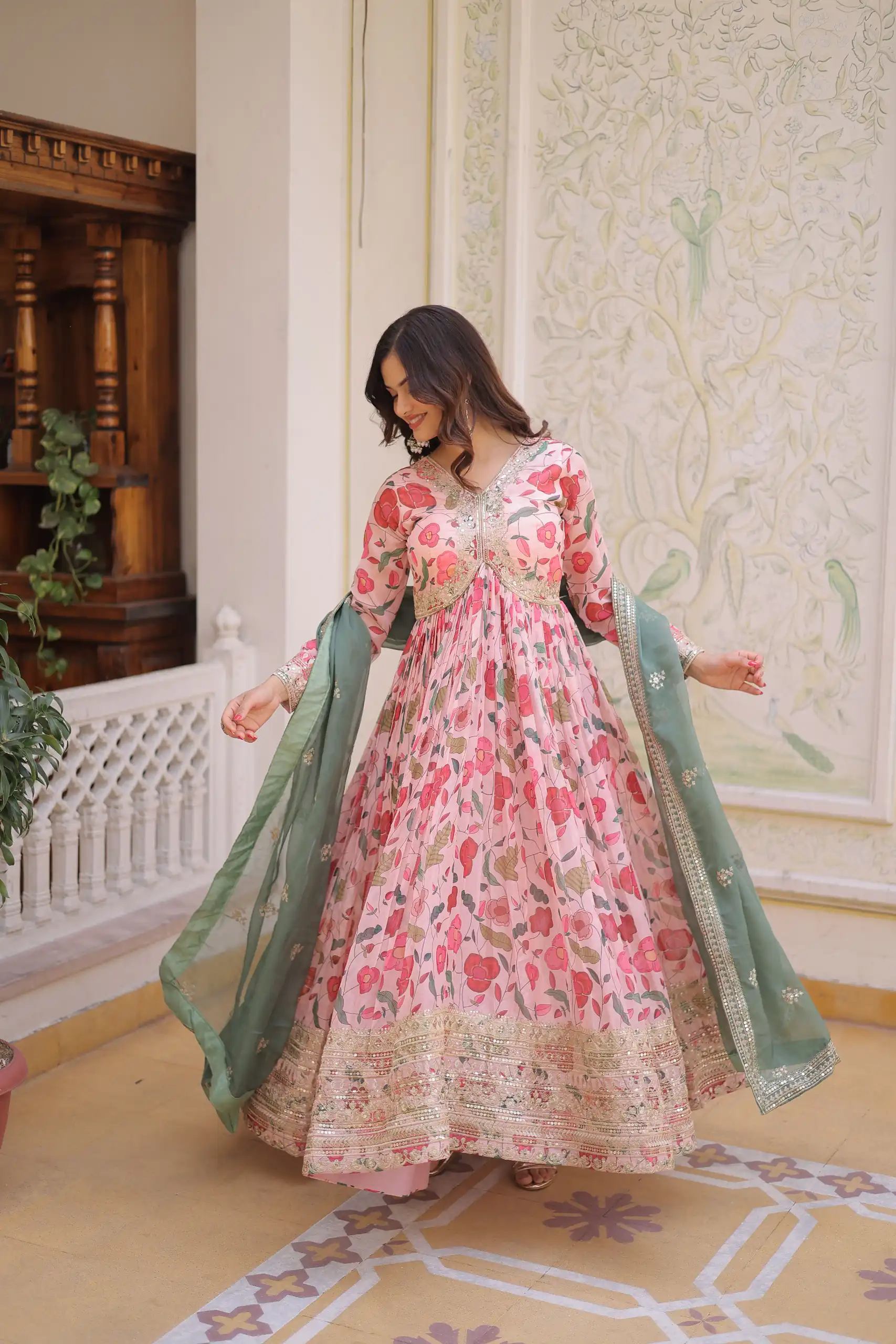 KA 1225 Peach Peach Russian Silk Gown with Embroidery Work & Zari Work. Special Price ₹2599. Delivery 4-6 Working Days. Shop now. | Gowns, Bollywood Gowns, Creative Gowns, Designer Gowns, Embroidered Gowns, Party Wear Gowns