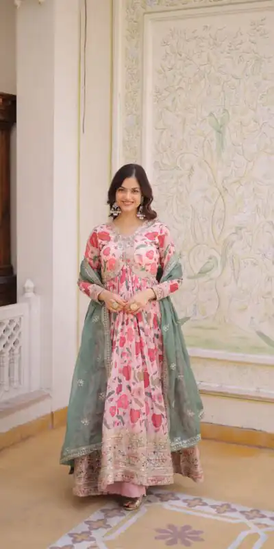 KA 1225 Peach Peach Russian Silk Gown with Embroidery Work & Zari Work. Special Price ₹2599. Delivery 4-6 Working Days. Shop now. | Gowns, Bollywood Gowns, Creative Gowns, Designer Gowns, Embroidered Gowns, Party Wear Gowns