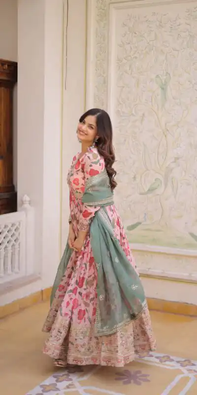 KA 1225 Peach Peach Russian Silk Gown with Embroidery Work & Zari Work. Special Price ₹2599. Delivery 4-6 Working Days. Shop now. | Gowns, Bollywood Gowns, Creative Gowns, Designer Gowns, Embroidered Gowns, Party Wear Gowns