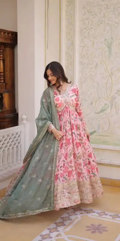 KA 1225 Peach Peach Russian Silk Gown with Embroidery Work & Zari Work. Special Price ₹2599. Delivery 4-6 Working Days. Shop now. | Gowns, Bollywood Gowns, Creative Gowns, Designer Gowns, Embroidered Gowns, Party Wear Gowns
