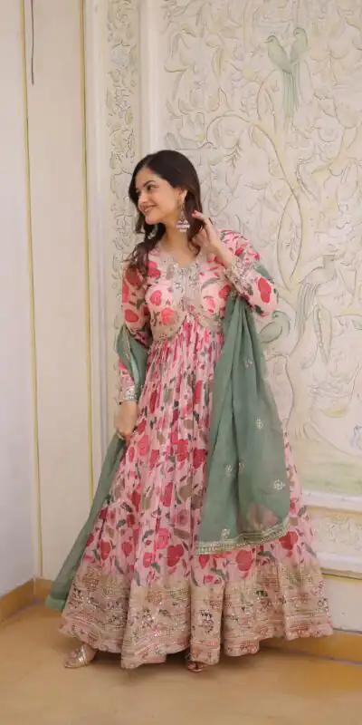 KA 1225 Peach Peach Russian Silk Gown with Embroidery Work & Zari Work. Special Price ₹2599. Delivery 4-6 Working Days. Shop now. | Gowns, Bollywood Gowns, Creative Gowns, Designer Gowns, Embroidered Gowns, Party Wear Gowns