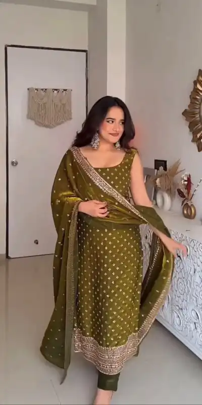 KD 1577 Mehendi Fendy Silk Salwar Suit with Mirror Work & Embroidery Work. Best Price βΉ1999. Delivery 4-6 Working Days. Shop now. | Jump Suits, Salwar suit, Casual Suits, Creative suits, Designer Suits, Palazzo Suits, Party Wear Suits, Patiala Suits, Straight Suits