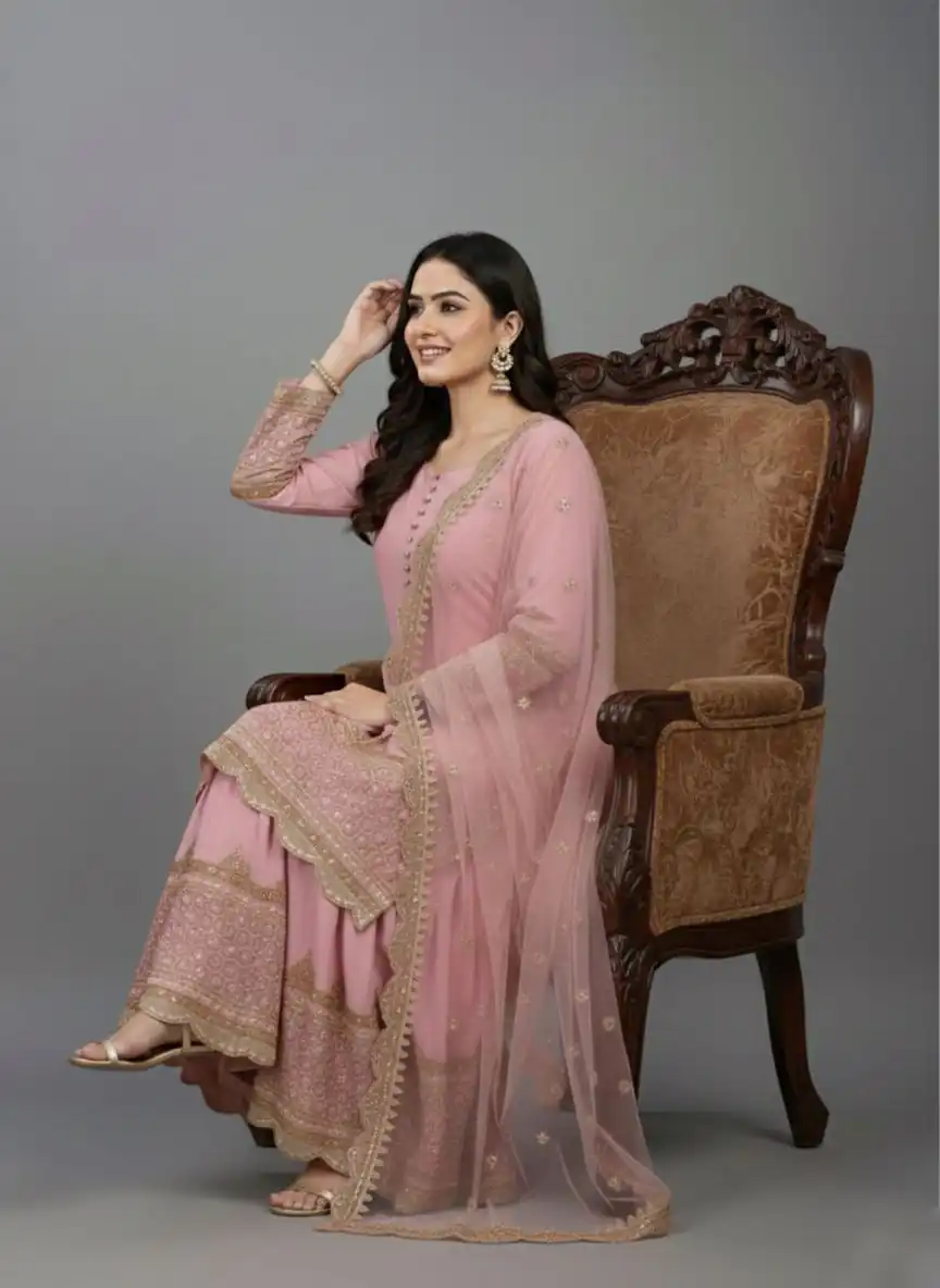 ZF 250 Pink Color Faux Georgette Embroidery Sequence Work Sharara Suit Wedding, Party, Festive, Events Etc. Expected Delivery 4-6 Working Days @2099/- | Jump Suits, Salwar suit, Casual Suits, Creative suits, Designer Suits, Palazzo Suits, Party Wear Suits, Patiala Suits, Straight Suits