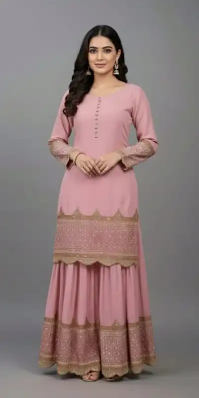 ZF 250 Pink Color Faux Georgette Embroidery Sequence Work Sharara Suit Wedding, Party, Festive, Events Etc. Expected Delivery 4-6 Working Days @2099/- | Jump Suits, Salwar suit, Casual Suits, Creative suits, Designer Suits, Palazzo Suits, Party Wear Suits, Patiala Suits, Straight Suits