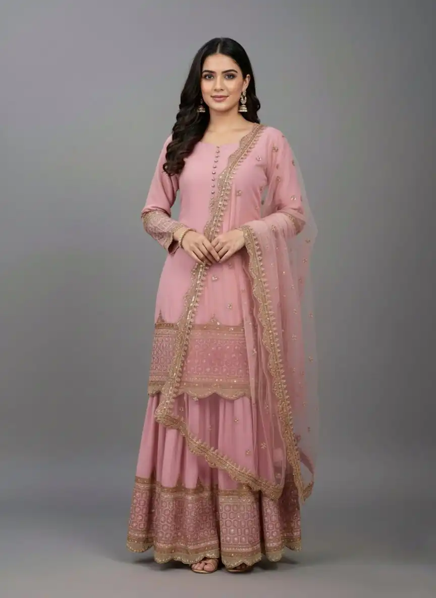 ZF 250 Pink Color Faux Georgette Embroidery Sequence Work Sharara Suit Wedding, Party, Festive, Events Etc. Expected Delivery 4-6 Working Days @2099/- | Jump Suits, Salwar suit, Casual Suits, Creative suits, Designer Suits, Palazzo Suits, Party Wear Suits, Patiala Suits, Straight Suits