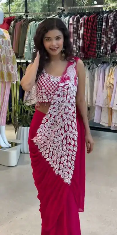 ST 1165 Pink Faux Georgette Saree with Embroidery Work & Sequins Work. Now at just ₹1799. Delivery 4-6 Working Days. Shop now. | Sarees, Bollywood Sarees, Creative Sarees, Designer Sarees, Embroidered Sarees, Ethnic Saree, Modern Digital sarees, Party Wear Sarees