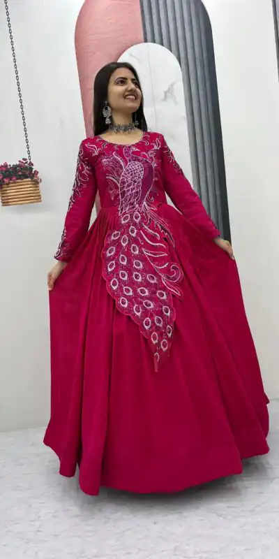 PC 564 Pink Vichitra Silk Gown Perfect for Wedding, Party, Holi, Anniversary, Mehendi –. Grab it for ₹2049. Delivery 4-6 Working Days. Shop now. | Gowns, Bollywood Gowns, Creative Gowns, Designer Gowns, Embroidered Gowns, Party Wear Gowns