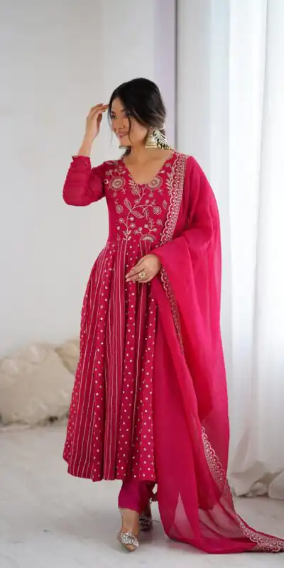 SRK 5293 Pink With Crunchy Silk With Fully Flair with Lace Work & Embroidery Work Anarkali Gown . Introductory Price βΉ2149. Delivery 4-6 Worki | Gowns, Bollywood Gowns, Creative Gowns, Designer Gowns, Embroidered Gowns, Party Wear Gowns