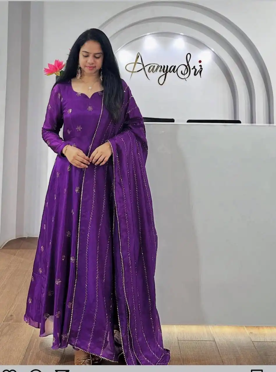 PC 482 Purple Chinon Gown with Embroidery Work. Wedding, Party, Festive, Events, Introductory Price ₹1949. Delivery 4-6 Working Days. Shop now. | Gowns, Bollywood Gowns, Creative Gowns, Designer Gowns, Embroidered Gowns, Party Wear Gowns