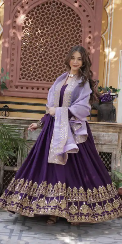 KA 1143 Purple Faux Georgette Sequence Work Gown Gown. Wedding, Party, Festive, Events Grab it for βΉ2649. Delivery 4-6 Working Days. Shop now. | Gowns, Bollywood Gowns, Creative Gowns, Designer Gowns, Embroidered Gowns, Party Wear Gowns
