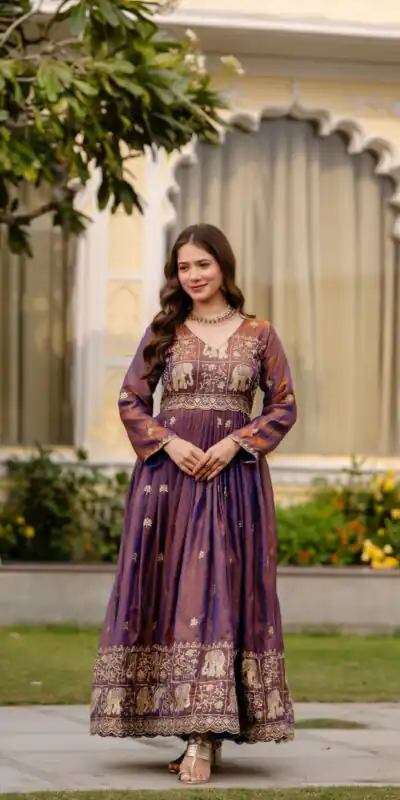 RR 38 Purple Fendy Satin Gown Perfect for Wedding, Party, Pongal, Makar Sankranti, Ganesh Chaturthi β . Available at βΉ2649 only. Delivery 4-6 Wor | Gowns, Bollywood Gowns, Creative Gowns, Designer Gowns, Embroidered Gowns, Party Wear Gowns