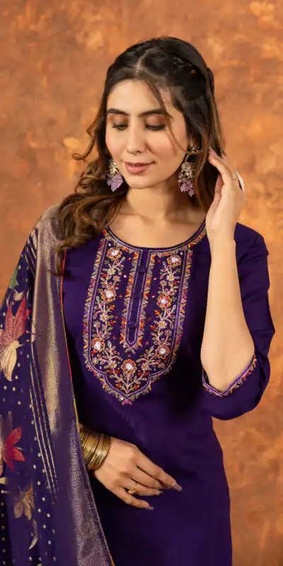 DIVA 103 Purple Marina Silk Salwar Suit with Embroidery Work. Introductory Price ₹2049. Delivery 4-6 Working Days. Shop now. | Jump Suits, Salwar suit, Casual Suits, Creative suits, Designer Suits, Palazzo Suits, Party Wear Suits, Patiala Suits, Straight Suits
