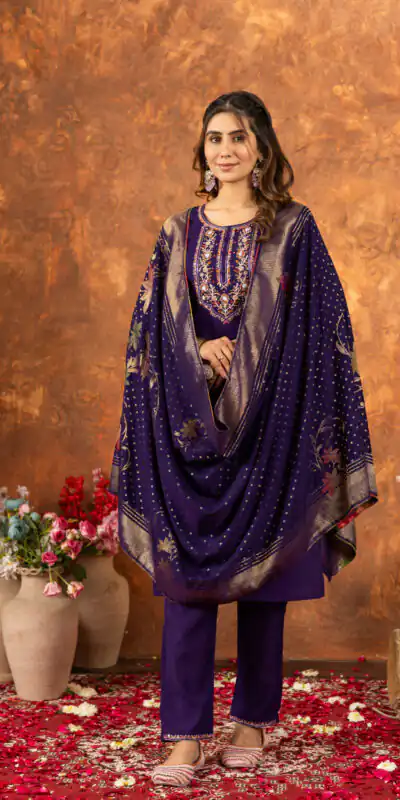 DIVA 103 Purple Marina Silk Salwar Suit with Embroidery Work. Introductory Price ₹2049. Delivery 4-6 Working Days. Shop now. | Jump Suits, Salwar suit, Casual Suits, Creative suits, Designer Suits, Palazzo Suits, Party Wear Suits, Patiala Suits, Straight Suits