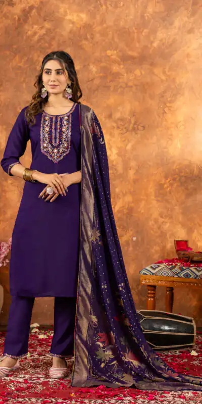 DIVA 103 Purple Marina Silk Salwar Suit with Embroidery Work. Introductory Price ₹2049. Delivery 4-6 Working Days. Shop now. | Jump Suits, Salwar suit, Casual Suits, Creative suits, Designer Suits, Palazzo Suits, Party Wear Suits, Patiala Suits, Straight Suits