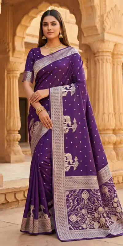 MB 25 GAJRAJ Purple in Pure Banarasi Silk Zari Work & Lace Work Saree . Introductory Price ₹1899. Delivery 4-6 Working Days. Shop now. | Sarees, Bollywood Sarees, Creative Sarees, Designer Sarees, Embroidered Sarees, Ethnic Saree, Modern Digital sarees, Party Wear Sarees