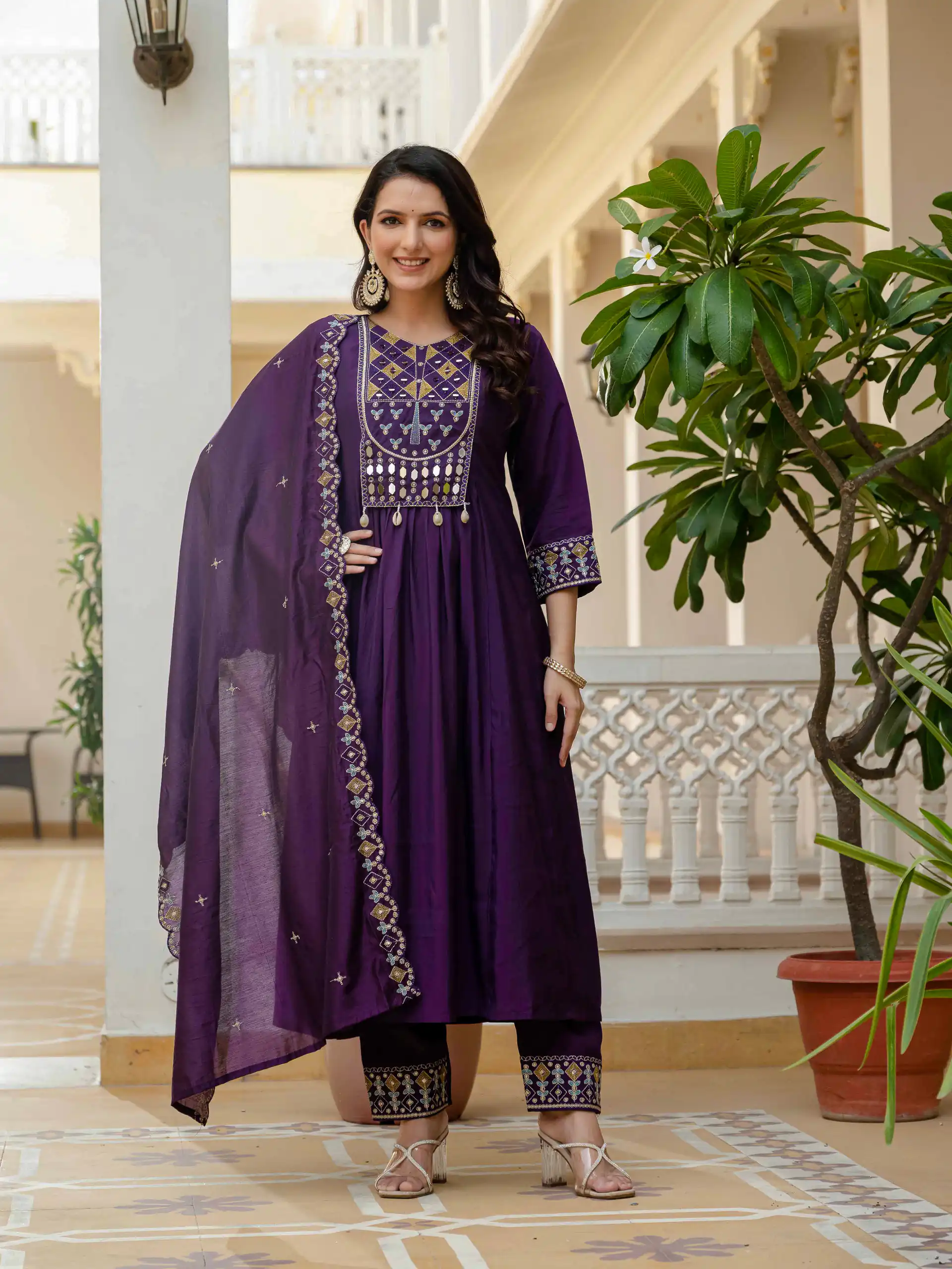 DIVA 126 Purple Viscose Roman Silk Anarkali Suit with Mirror Work & Embroidery Work. Affordable Price ₹2049. Delivery 4-6 Working Days. Shop now. | Anarkali Suits, Bollywood Anarkali, Creative-Anarkali, Designer Anarkali, Embroidered Anarkali, Party Wear Anarkali