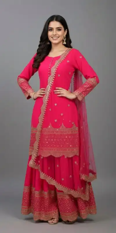ZF 250 Rani Pink Color Faux Georgette Embroidery Sequence Work Sharara Suit Wedding, Party, Festive, Events Etc. Expected Delivery 4-6 Working Days @2099/- | Jump Suits, Salwar suit, Casual Suits, Creative suits, Designer Suits, Palazzo Suits, Party Wear Suits, Patiala Suits, Straight Suits