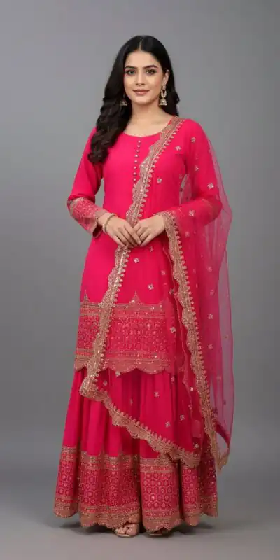 ZF 250 Rani Pink Color Faux Georgette Embroidery Sequence Work Sharara Suit Wedding, Party, Festive, Events Etc. Expected Delivery 4-6 Working Days @2099/- | Jump Suits, Salwar suit, Casual Suits, Creative suits, Designer Suits, Palazzo Suits, Party Wear Suits, Patiala Suits, Straight Suits