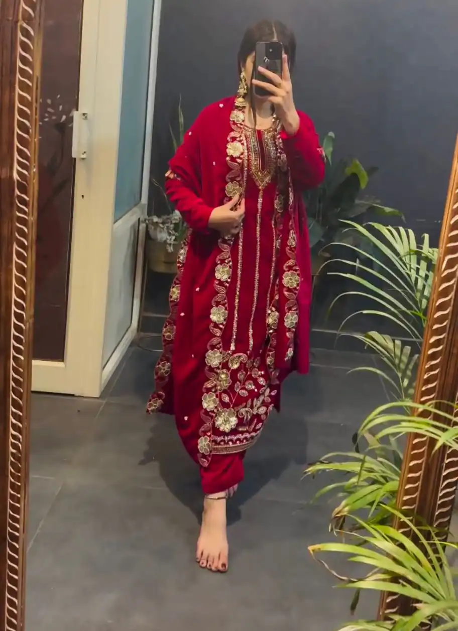 ST 1134 Red 9000 Velvet Salwar Suit with Lace Work & Embroidery Work. Available at ₹2099 only. Delivery 4-6 Working Days. Shop now. | Jump Suits, Salwar suit, Casual Suits, Creative suits, Designer Suits, Palazzo Suits, Party Wear Suits, Patiala Suits, Straight Suits
