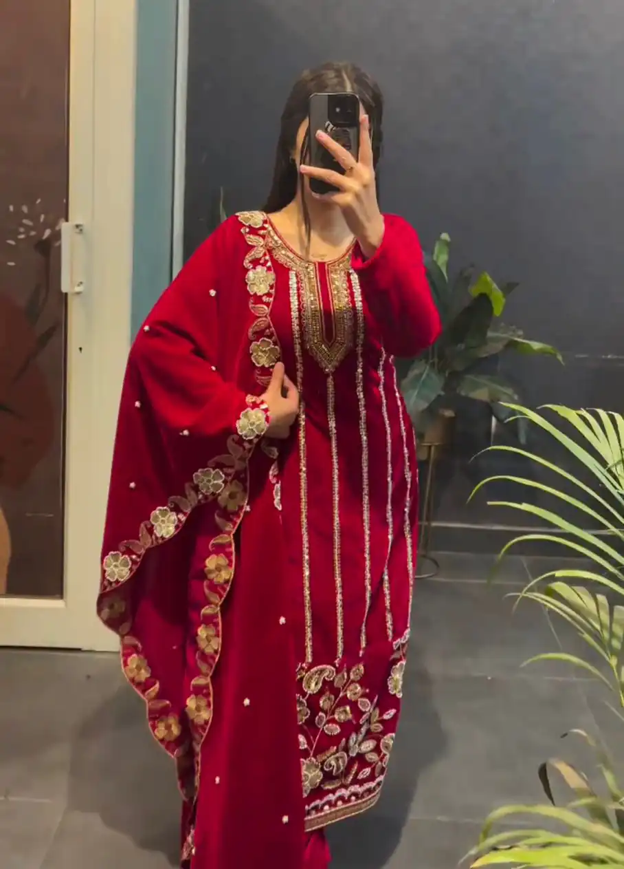 ST 1134 Red 9000 Velvet Salwar Suit with Lace Work & Embroidery Work. Available at ₹2099 only. Delivery 4-6 Working Days. Shop now. | Jump Suits, Salwar suit, Casual Suits, Creative suits, Designer Suits, Palazzo Suits, Party Wear Suits, Patiala Suits, Straight Suits
