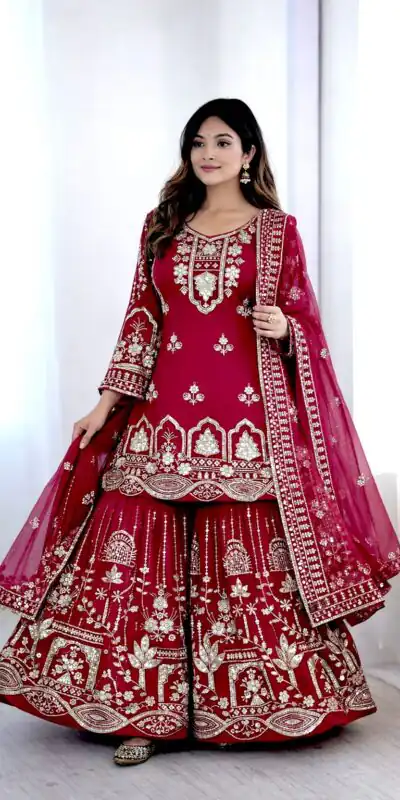 WW 1250 Red Faux Georgette With 5 mm Sequence Work Salwar Suit Wedding, Party, Festive, Events Etc. Expected Delivery 4-6 Working Days @2399/- | Jump Suits, Salwar suit, Casual Suits, Creative suits, Designer Suits, Palazzo Suits, Party Wear Suits, Patiala Suits, Straight Suits