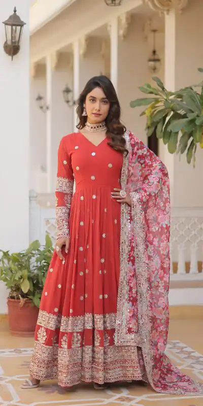 KA 1078 Red Faux Georgette Gown Perfect for Wedding, Party, Makar Sankranti, Karwa Chauth, Ethnic Day – . Now at just ₹3349. Delivery 4-6 Working D | Gowns, Bollywood Gowns, Creative Gowns, Designer Gowns, Embroidered Gowns, Party Wear Gowns