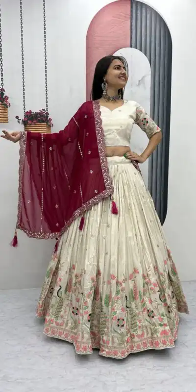 PC 546 Red Tissue Silk Lehenga Choli with Lace Work & Cut Work. Wedding, Party, Festive, Events Only 3249 Delivery 4-6 Working Days. Shop now. | Lehenga, Bollywood Lehenga, Creative Lehenga, Designer Lehenga, Embroidered Lehenga, Party Wear Lehenga