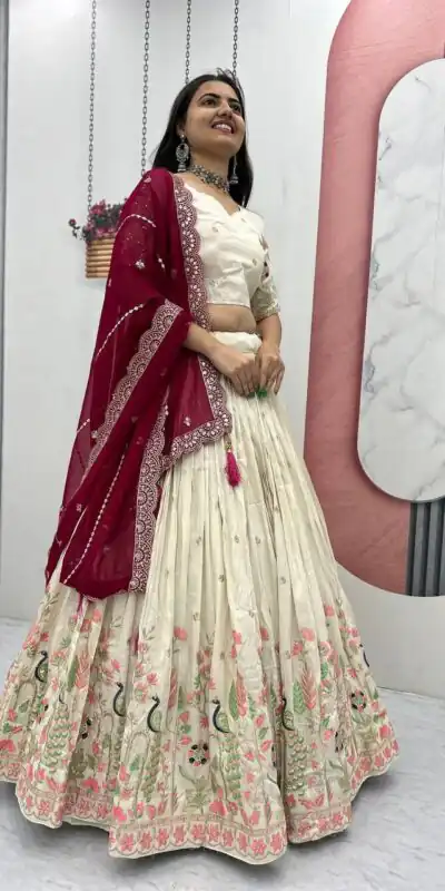 PC 546 Red Tissue Silk Lehenga Choli with Lace Work & Cut Work. Wedding, Party, Festive, Events Only 3249 Delivery 4-6 Working Days. Shop now. | Lehenga, Bollywood Lehenga, Creative Lehenga, Designer Lehenga, Embroidered Lehenga, Party Wear Lehenga