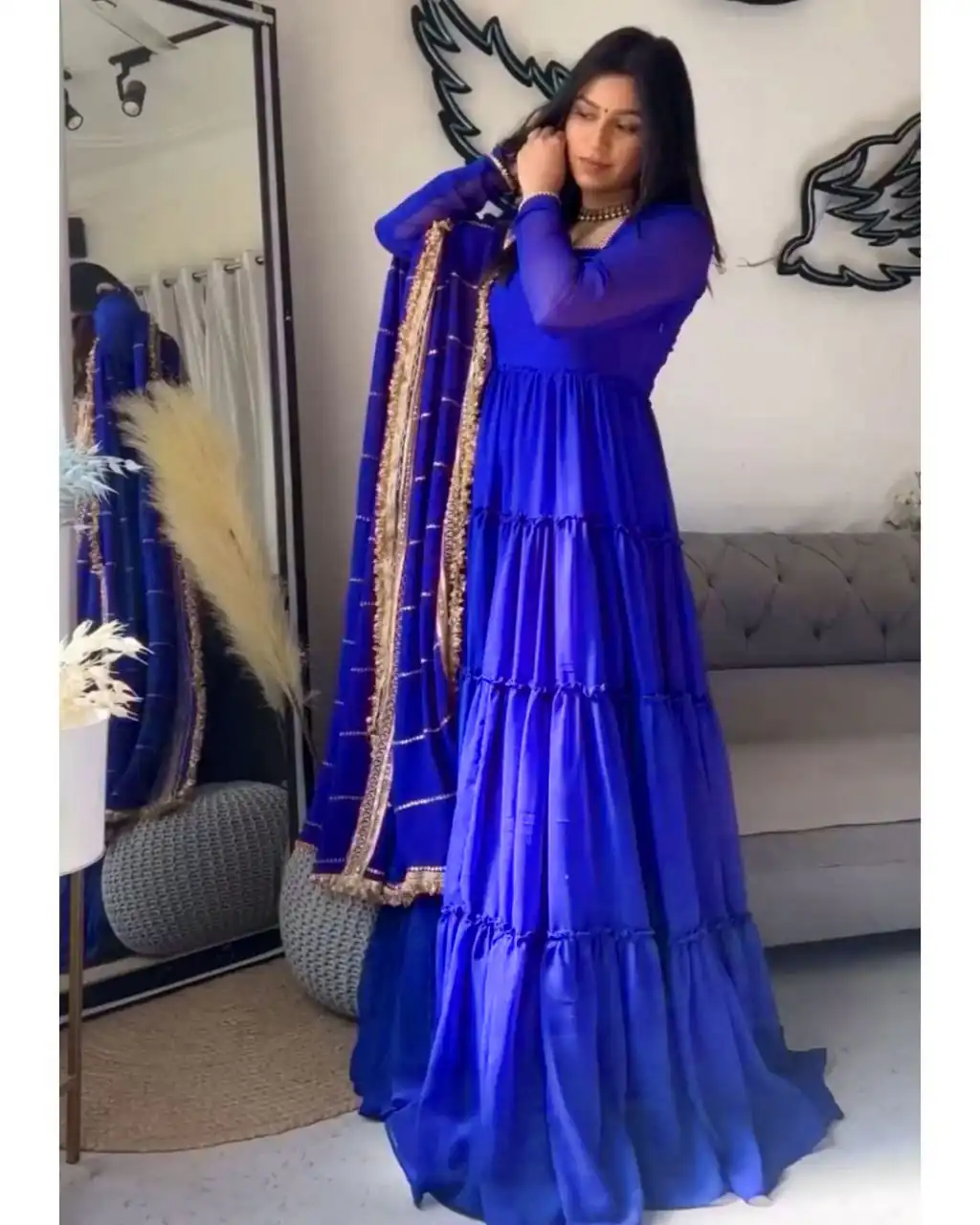 KD 1539 Royal Blue Faux Georgette Ruffle Style Gown. Wedding, Party, Festive, Events Grab it for ₹2099. Delivery 4-6 Working Days. Shop now. | Gowns, Bollywood Gowns, Creative Gowns, Designer Gowns, Embroidered Gowns, Party Wear Gowns