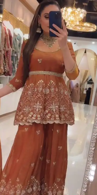 ZSR 3162 Rust Fendy Silk Salwar Suit with Mirror Work & Embroidery Work. Best Price ₹2149. Delivery 4-6 Working Days. Shop now. | Jump Suits, Salwar suit, Casual Suits, Creative suits, Designer Suits, Palazzo Suits, Party Wear Suits, Patiala Suits, Straight Suits