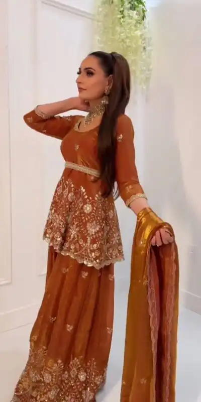 ZSR 3162 Rust Fendy Silk Salwar Suit with Mirror Work & Embroidery Work. Best Price ₹2149. Delivery 4-6 Working Days. Shop now. | Jump Suits, Salwar suit, Casual Suits, Creative suits, Designer Suits, Palazzo Suits, Party Wear Suits, Patiala Suits, Straight Suits