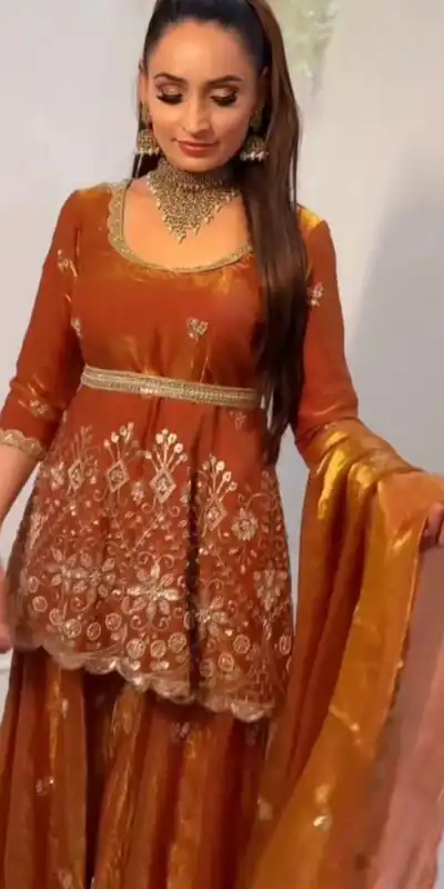 ZSR 3162 Rust Fendy Silk Salwar Suit with Mirror Work & Embroidery Work. Best Price ₹2149. Delivery 4-6 Working Days. Shop now. | Jump Suits, Salwar suit, Casual Suits, Creative suits, Designer Suits, Palazzo Suits, Party Wear Suits, Patiala Suits, Straight Suits